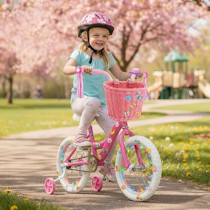 Timtin 27 Pcs Kids Bike Accessories for Girls Pink Bike Basket Flower Bell Bicycle Handlebar Streamers Tassel Butterfly Decoration Wheel Spoke Accessories for Girl Birthday Gift