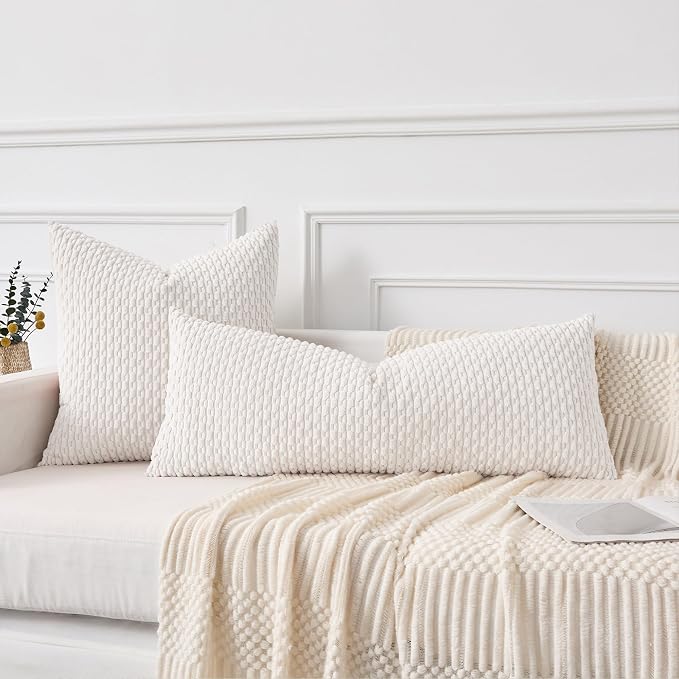 Kevin Textile Soft Corduroy 14"x36" Lumbar Pillow Cover 1 Pack, Pure White | Boho Stripe Plush Corduroy Decorative Oblong Cushion Cover Modern Farmhouse Home Decor for Sofa Couch Bed Chair