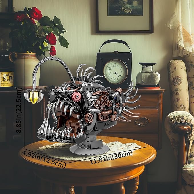 Steampunk Mechanical Lantern Fish Building Set with Light, Creative Ocean Animal Toy for Home Office Decor, Compatible with Lego for Adults, STEM Gift for Teens Kids Boys 8-14 (1038 PCS)