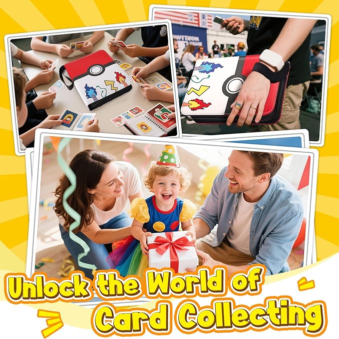 Card Binder – 9 Pocket Zipper Collection Album, Premium PU Holder, Double-Sided Display for 900 Cards, Includes 5 Hard Plastic Sleeves for Game Cards, Sports Cards(Cartoon Stickers)