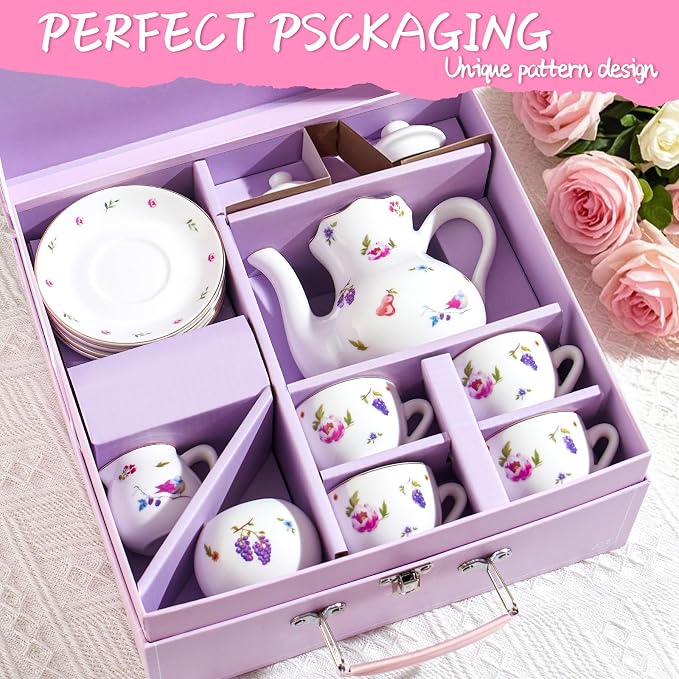 TUZT Tea Party Set for Little Girls Ages 3-8, White Floral Porcelain Tea Set with Gold Trim Edges, Princess Tea Time Toy Includes Pot & Cups & Saucers & Suitcase, Birthday Gifts for Toddlers Girls