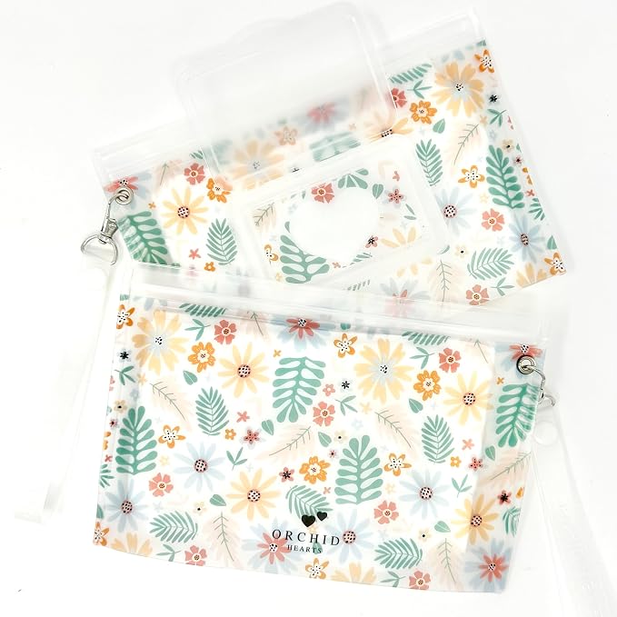 Baby Wipes Dispenser Portable & Refillable Wet Wipe Pouch Pack of 2 Reusable Wipes Holder and Wipe Container, Baby Essential, Makeup Wipe Travel Case - Regular Size, Floral Love