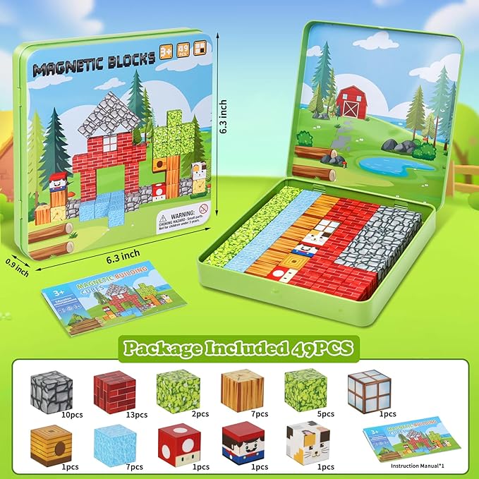 49 PCS Mini Magnetic Building Blocks Travel Toys for Kids Ages 4-8, Travel Magnetic Tiles with Portable Iron Storage Box, STEM Learning Educational Construction Toys for Toddlers 3-5