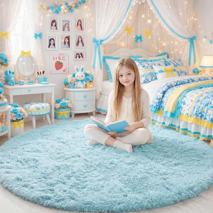 Amdrebio Light Blue Circle Round Rug 5Ft for Bedroom Decor, Soft Shaggy Fluffy Area Rugs for Kids Room Baby Boys Nursery Preppy Dorm Playroom, Cute Plush Fuzzy Sky Blue Carpet for Apartment Classroom