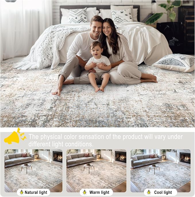 8x10 Area Rugs for Living Room - Washable Rug Modern Abstract Soft Large Neutral Non-Slip Carpet Indoor Floor Thin Carpets for Bedroom Dining Room Farmhouse Nursery Home Office Brown Grey
