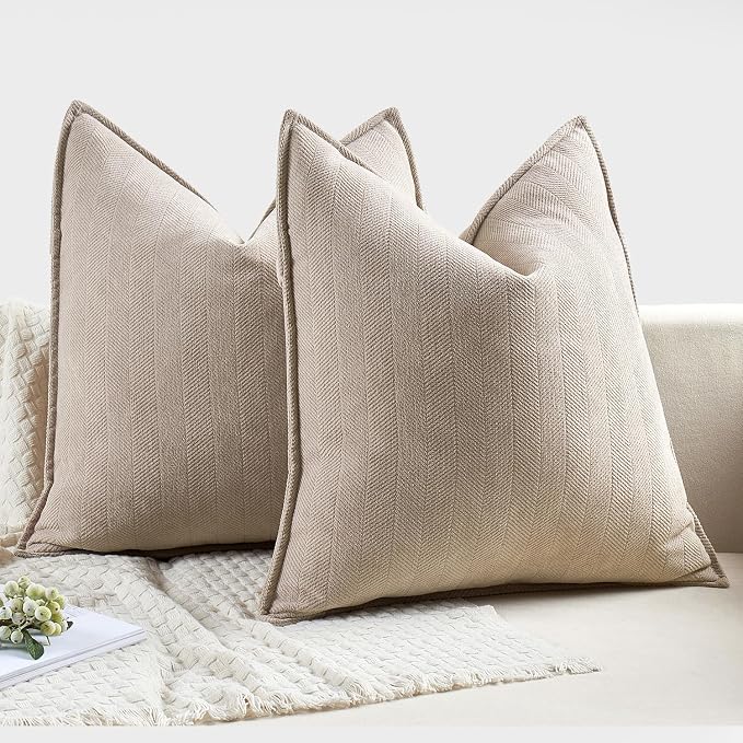 MIULEE Pack of 2 Beige Decorative Chenille Pillow Covers 18x18 Inch | Soft Couch Throw Pillows,Farmhouse Cushion Covers with Elegant Design for Sofa,Bedroom,Living Room,Spring Home Decor