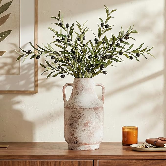 Ceramic Flower Vase with Handles, 11 Inch Tall Rustic Vase, Large Terracotta Pottery Vase for Home Decor, Farmhouse Decorative Vase for Living Room Kitchen Table Shelf Bedroom Decor