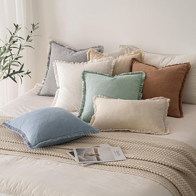 MIULEE Boho Linen Fringe Decorative Throw Pillow Covers Aqua Green 18x18 | Set of 2, Cottagecore Decor, Boho Farmhouse Neutral Pillow Covers, Rustic Couch Cushion Cases for Sofa Bed Living Room
