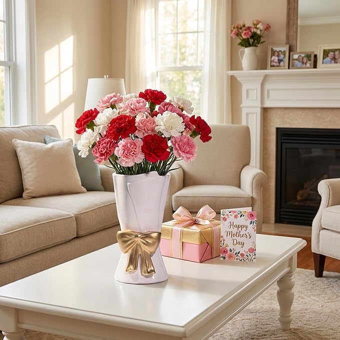 Relexome Fully Glazed White Ceramic Gold Bow Vase 9.64 in Unique Cute Modern Decorative Bouquet Flower Vases for Home Living Room Table Mother's Day Decor Women Gifts
