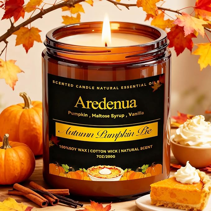 Pumpkin Pie Candles โ Holiday Winter Scented Candles, Warm Spiced Pumpkin Aroma for Christmas Home Dรฉcor, Cozy Seasonal Candle Gift for Women & Men, Long-Lasting Soy Wax Candle