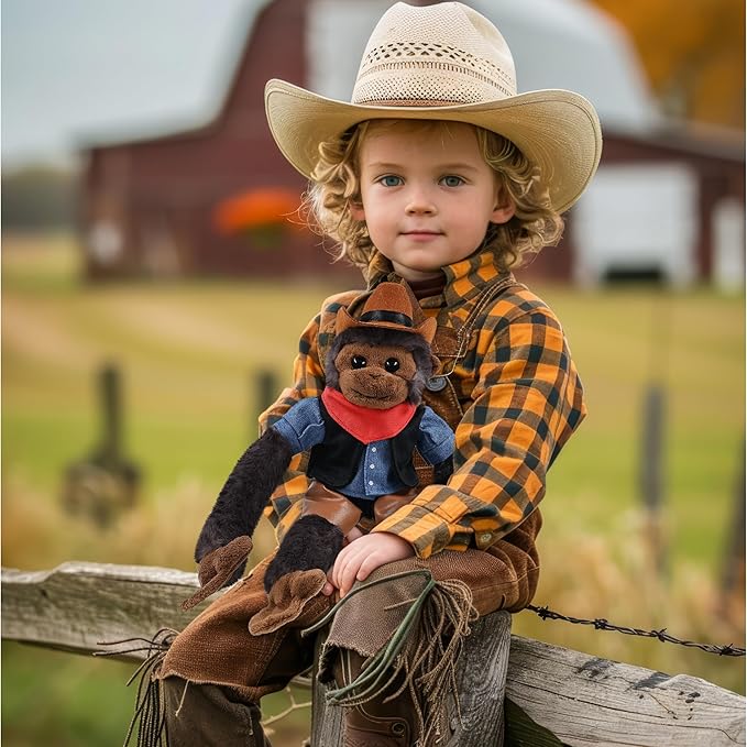 DolliBu Black Capuchin Monkey Stuffed Animal Cowboy Plush with Name Personalization - Western-Themed Monkey Plush with Cute Cowboy Costume Denim Shirt Vest, Bandana, Leather Pants, and Hat - 21 Inches