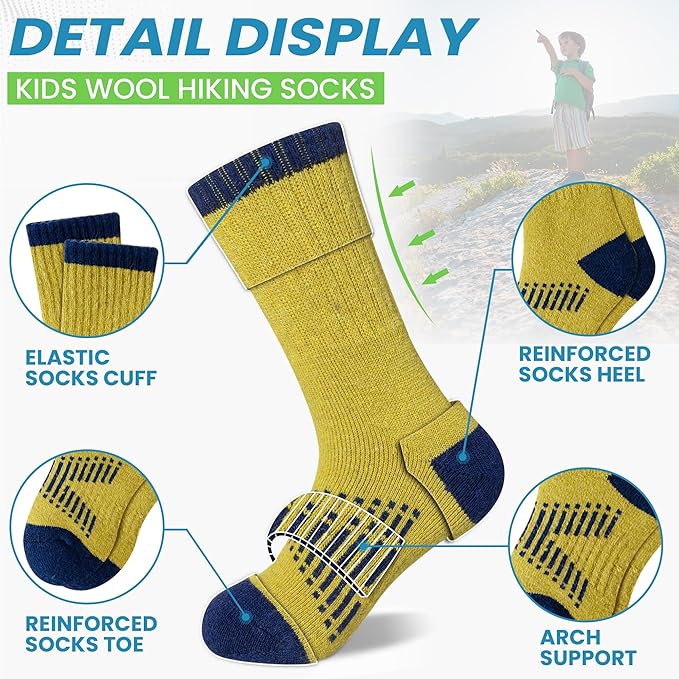 WEVIAS Kids Merino Wool Hiking Socks Boys Thermal Winter Cozy Boot Warm Cushion Socks 6 Pairs