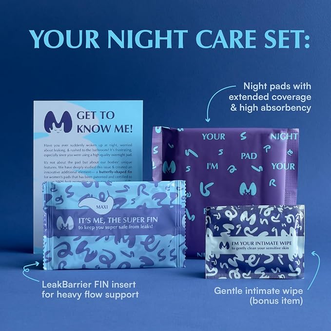 Overnight Pads with Wings – Size 5 (Maxi Pad) – Ultimate Leak-Free Protection with Absorbent FIN Technology – 30 Sanitary Napkins with pH-Balanced Wipes – Sanitary Pads for Women & Teens