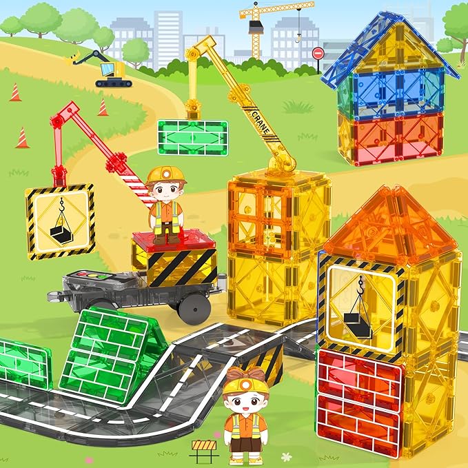 Kids Games Magnetic Tiles with 2 Cranes Construction Set Sensory Toys for Boys Girls Ages 3-6 5-7 8-13, Gifts for 3+ Year Old Boys Girls Toddler Outdoor Kids Toys with Car