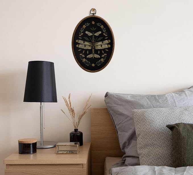 Vintage Dragonfly Flower Oval Wall Art, Dark Moody Oval Framed Wall Art, Waterproof Cottage Core Decor for Western Farmhouse Bedroom Living Room, Home Retro Decor Products, 02