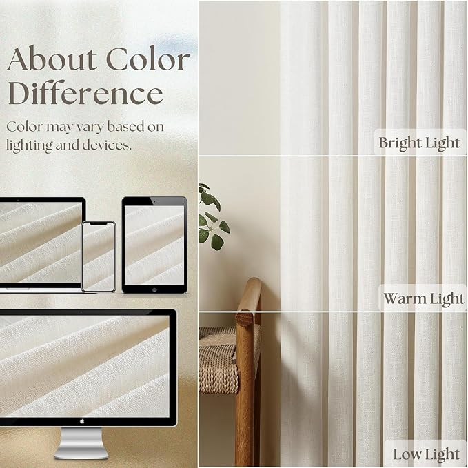 Guken 100% Blackout Linen Short Curtains for Bedroom 56 Inches Long Natural Cream Black Out Curtain Back Tab Thermal Insulated Room Darkening Window Drapes for Living Room 2 Panels Beige Ivory 52x56
