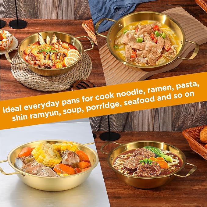 4-Piece Korean Ramen Pot for Stove, Stainless Steel Korean Noodle Pot with Handles, Golden Soup Pots & Cooking Pots for Home & Outdoor Use (Inner Diameter 7.7", 8.5", 9", 10")
