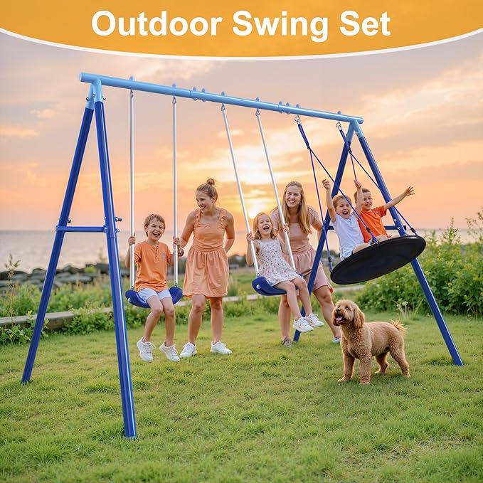 Heavy Duty Swing Set for Kids Ages 3-8 - 600 lbs Capacity Outdoor Metal A-Frame Playset, 3-in-1 Backyard Playground Equipment with 2 Blow Molded Belt Swings and 32" Saucer Swing