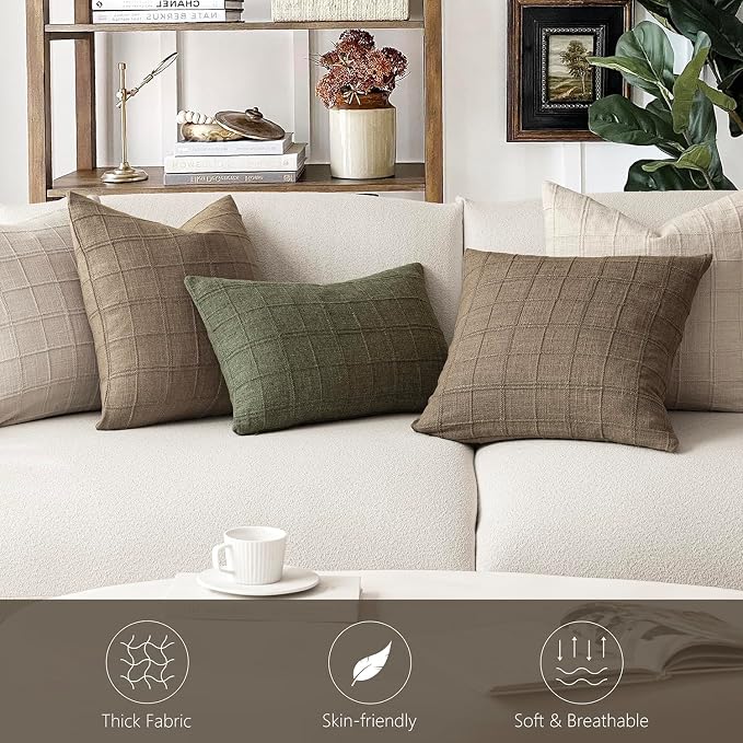 Foindtower Set of 2 Decorative Linen Check Throw Pillow Covers Neutral Farmhouse Vintage Cushion Covers Modern Boho Home Decor for Sofa Chair Couch Bedroom Living Room,16×16 Inch,Light Brown