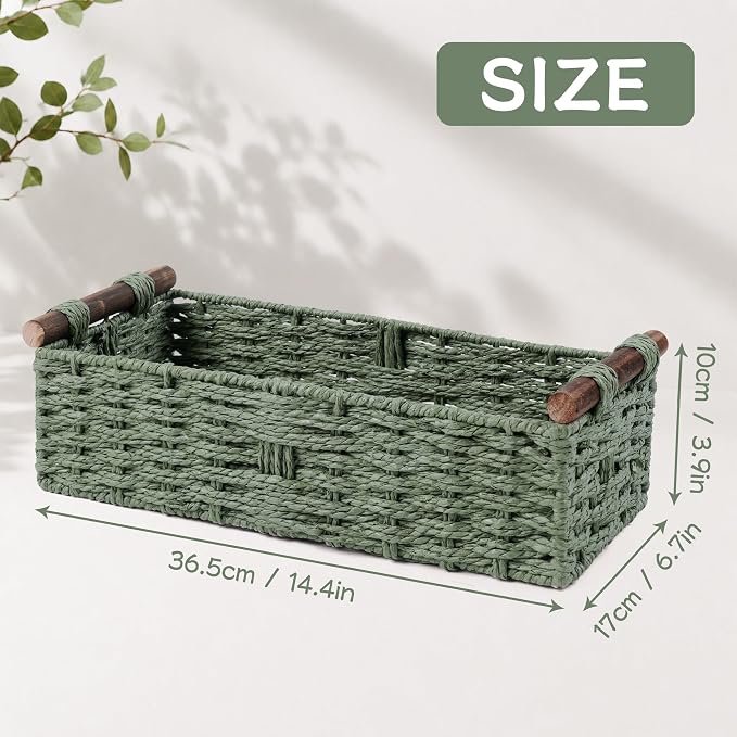Round Paper Rope Storage Basket Wicker Baskets for Organizing with Handle Decorative Storage Bins for Countertop Toilet Paper Basket for Toilet Tank Top Small Baskets , Green | with Handle for Bedroom Home Decor and Shelves Apartment Countertop Use,Green
