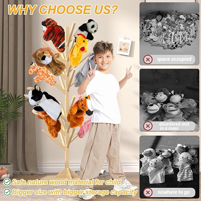 Wooden Puppet Stand – 45.5" Tall Puppet Tree Holds 30 Hand Puppets, Durable Anti-Crush Design for Safe Storage and Display