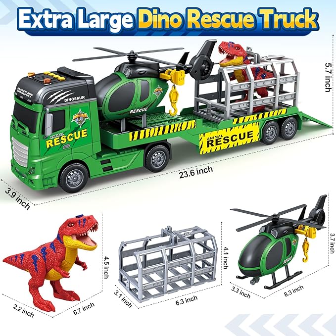 SpringFlower Toddler Truck Boy Toys, Large Dino Truck Toy with Helicoper and Dinosaur, 3 in 1 Boy Toy for 3 4 5 6 7 Year Old, Christmas Birthday Gifts for Kids 3 4 5 6 Years Old