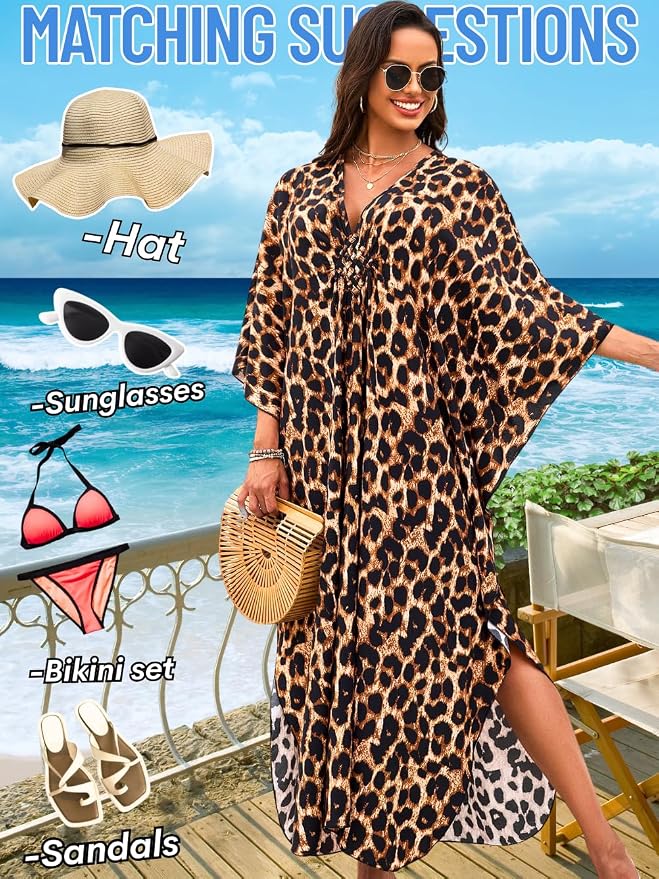 ChiaoLezhee Print Moo-Moos for Women, Kaftan Cover-Up Dresses, Sexy V-Neck High-Slit, Beach Pool-Party Coverups Muumuu Plus