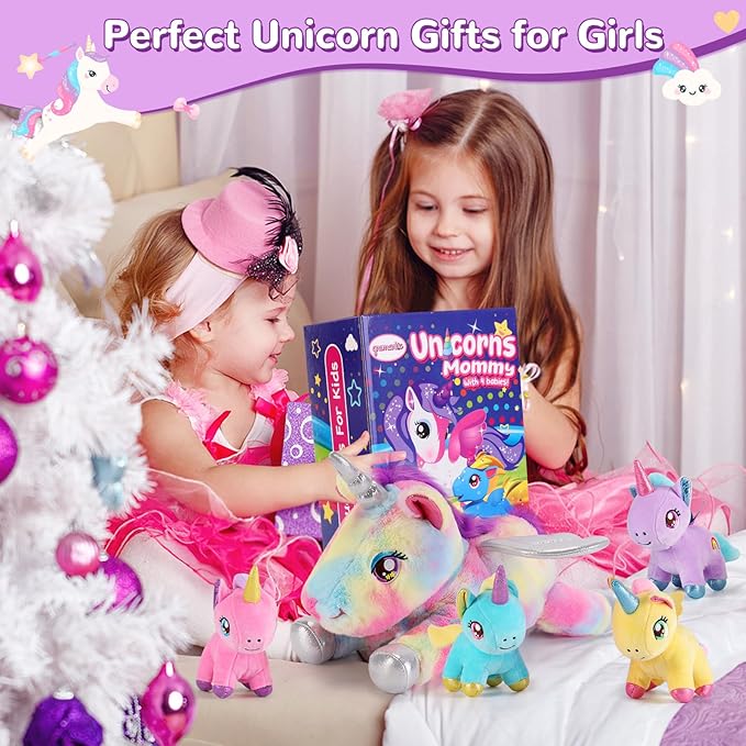 5 Pieces Unicorn Stuffed Animals - 1 Mommy Stuffed Unicorn with 4 Babies - Unicorns Gifts for Girls Ages 3-8, Unicorns Plush Toys for Christmas, Valentine's, Birthday Gifts (Rainbow)