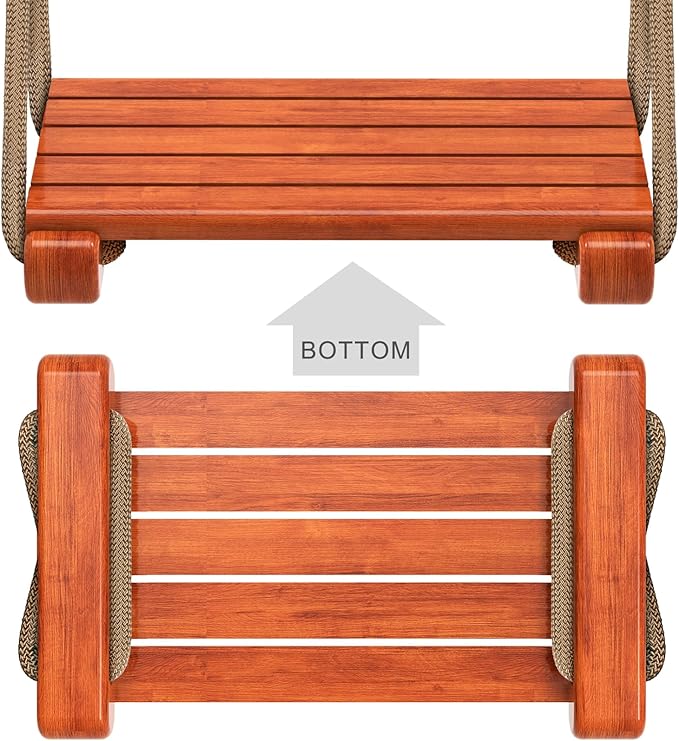 SELEWARE Wooden Swing Seat with Adjustable Rope | Heavy Duty Flat Tree Swing for Adults & Kids, Indoor/Outdoor Playground Swing Set (17.5 x 10.6 Inch)
