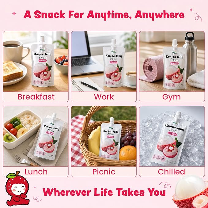 Jayone Drinkable Konjac Jelly Pouch - Lychee Flavor, 10 Pack, 5.07 fl oz Each - Zero Sugar, 0 Calories, 17% Vitamin C, Halal, Made in Korea