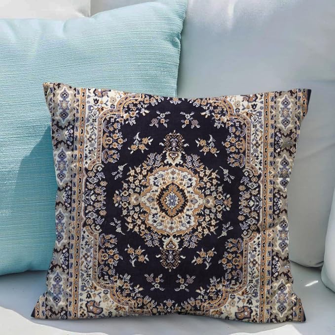 Snycler Boho Throw Pillow Covers 16x16 inch Set of 2 Black Medallion Border Area Rug Double Sided Pattern Cotton Soft Pillow Case Cushion Cover Pillowcase for Couch Sofa Bed Decorative