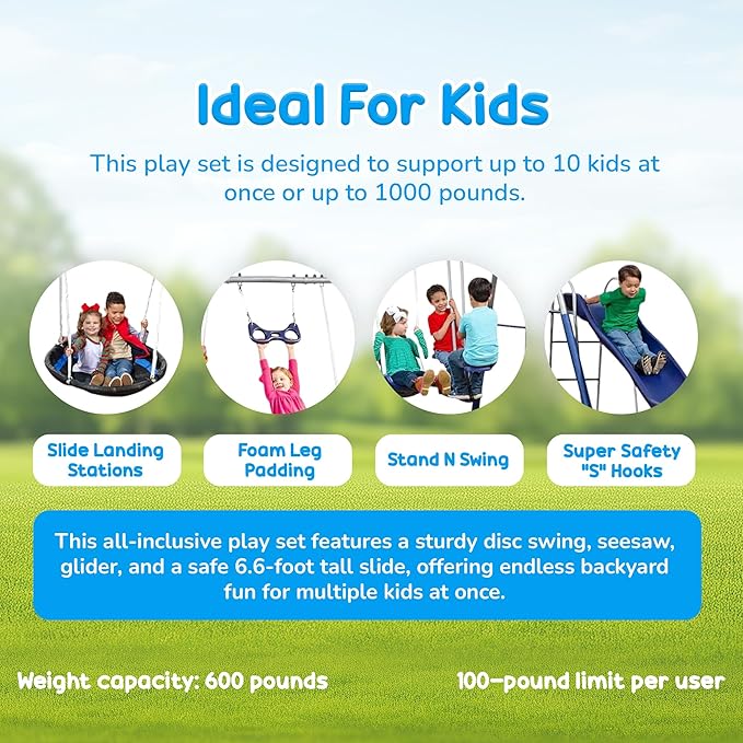 XDP Recreation Fun All Mighty Metal A-Frame Kids Swing Set with 10 Child Capacity Outdoor Backyard Home Playground with Slide and 5 Swing Types,