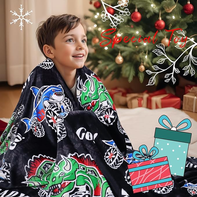 BORORO Dinosaur Truck Toys Glow in The Dark Truck Blanket for Boys Shark Throw Blanket Construction Excavator Birthday Gifts for Kids