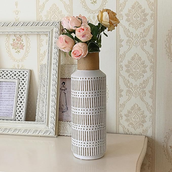 Rustic Ceramic Vase for Living Room Bedroom 11.02'' Farmhouse White Flower Vases for Bouquet Fake Plant Home Decor Office Table Shelf Fireplace Centerpieces Retro Vintage Classic Modern