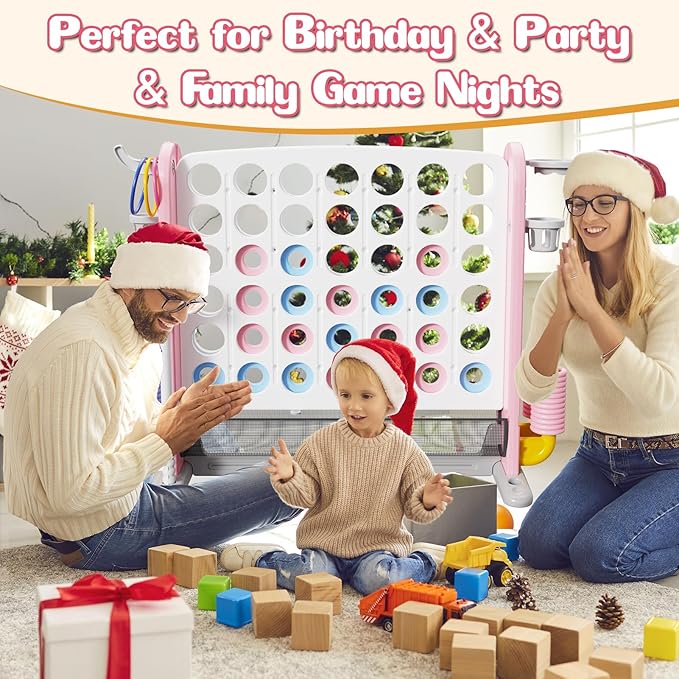 Giant 4 in-A-Row Connect Game Set, Adjustable Height Jumbo Yard Game with Basketball Hoop, Golf, Mesh Pocket & Ring Toss, Indoor Outdoor Family Backyard Party Game for Kids and Adults (Pink-White)