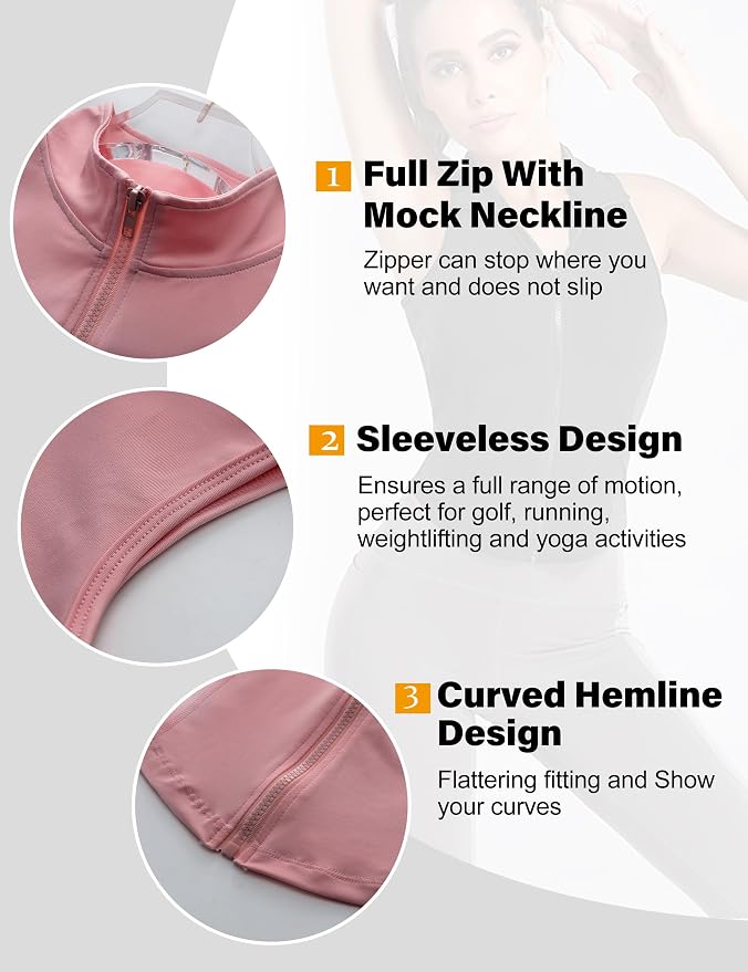 Flygo Women's Full Zip Sleeveless Workout Yoga Active Jacket Vest Golf Shirts