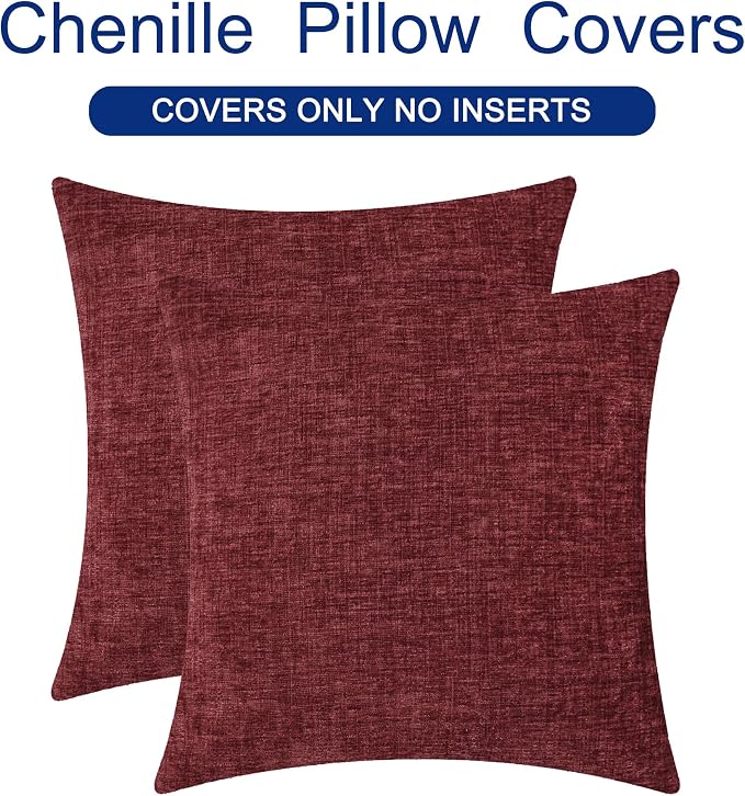 CaliTime Decorative Couch Throw Pillow Covers 16 X 16 Inches Burgundy | Pack of 2, Cozy Chenille Cushion Cases for Sofa Bed Living Room Farmhouse Home