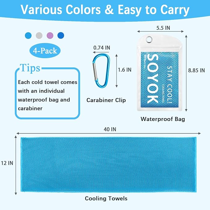 SOYOK 4 Packs Cooling Towels, 40" x 12" Microfiber Cooling Towels for Neck and Face, Soft Breathable for Working Out with Waterproof Bag & Carabiner, Suit for Climb,Travel, Running,Yoga