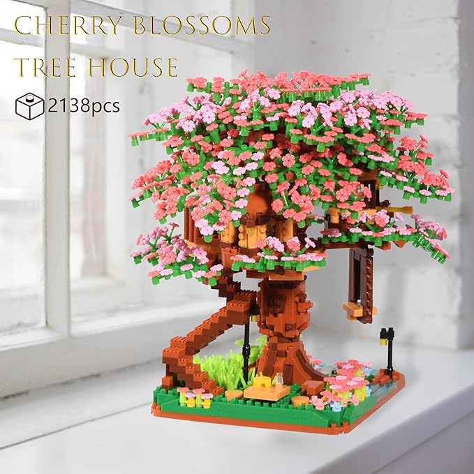 Cherry Blossom Tree Building Block Set Gift for Adults Girls Boys 14+, Cherry Bonsia Treehouse Micro Building Blocks, Japanese Sakura Flowers House 2138PCS