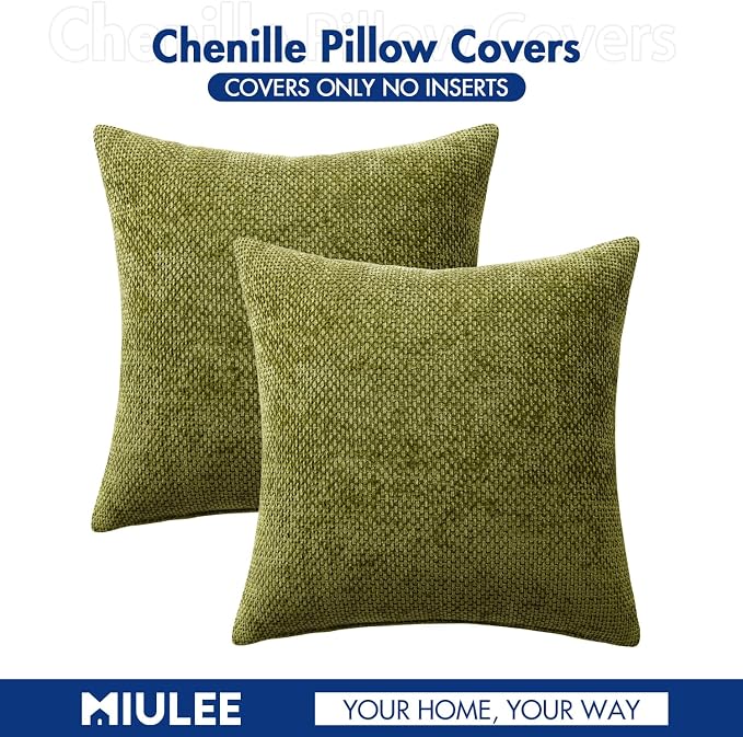 MIULEE Decorative Couch Throw Pillow Covers 18x18 Inch Olive 2 Pack | Modern Boho Accent, Soft Chenille Pillow Covers, Farmhouse Cushion Cases for Home Decor Bed Sofa Living Room