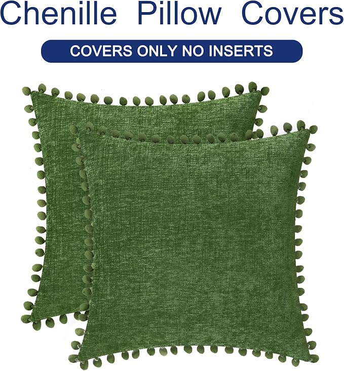 CaliTime Decorative Couch Throw Pillow Covers 20 X 20 Inches Forest Green | Pack of 2, Cozy Chenille Cushion Cases, with Pom Poms for Sofa Bed Living Room Farmhouse Home