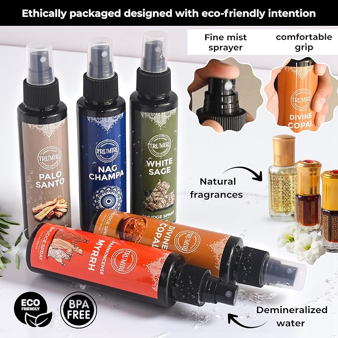 Set of 5 Smudge Sprays White Sage|Palo Santo|Frankincense Myrrh|Nag Champa|Copal for Negative Energy Cleansing of Home - Natural Room Sprays and Body Mists Made with Non Toxic Essential Oils