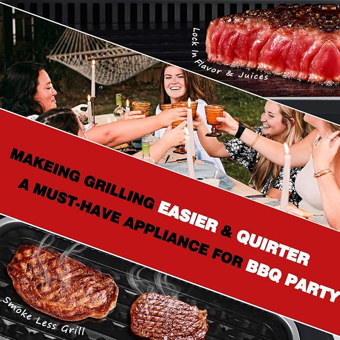Indoor Grill, Techwood 1500W Smokeless Electric Grill with Tempered Glass Lid, Compact & Portable Non-Stick BBQ Grill with 6-Level Control, Dishwasher Safe, Black