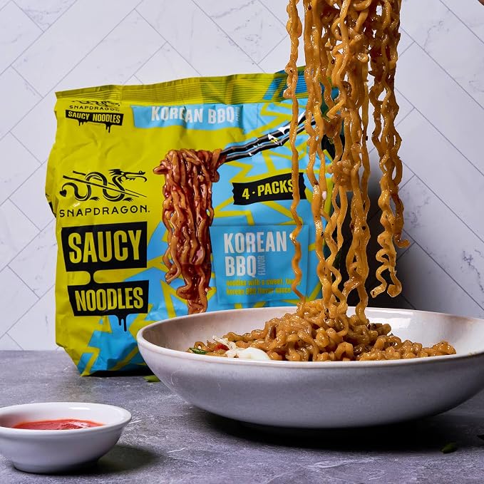 Snapdragon Saucy Instant Noodles with Korean BBQ Slurpable Sauce - Quick Meal, Snack, and Lunch. 4-Pack Microwave Noodles for Cup, Bowl, Ramen or Asian Stir Fry