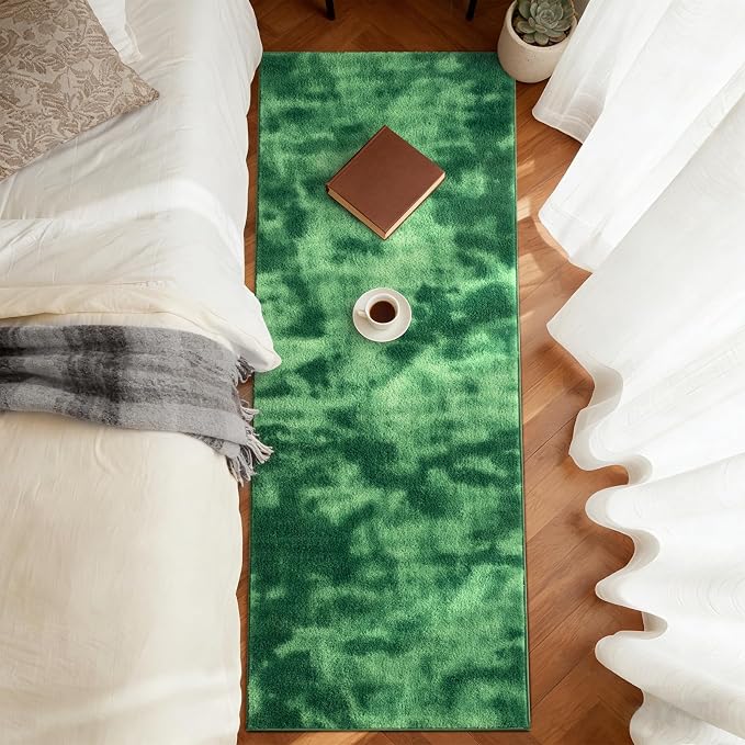 FinRèc 2x8 Washable Runner Rugs for Kitchen Hallway Bedroom, Low Pile Thin Ultra Soft Shag Rug, Non-Slip Carpet Indoor for Home Decor (Tie-dye Green)