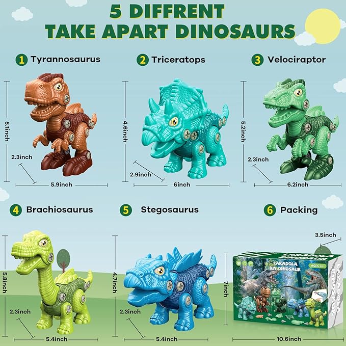 Laradola Kids Toys Stem Dinosaur Toy - Take Apart Dinosaur for Kids 3-5 5-7 | Construction Building Boy Toys with Electric Drill | Party Christmas Birthday Gifts Boys Girls 3 4 5 6 7 8 Year Old