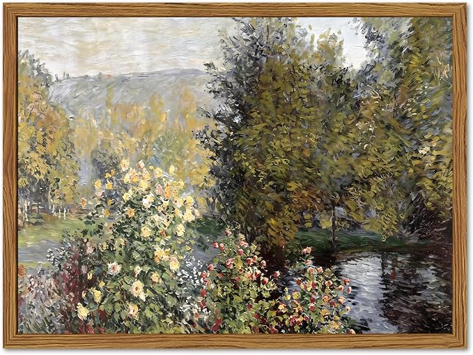 Framed Vintage Floral Landscape Wall Art, Cottagecore Monet Flower Pictures Wall Decor, Rustic Nature Paintings Canvas Prints Aesthetic Home Decor for Living Room Bedroom Bathroom 16x24 inch