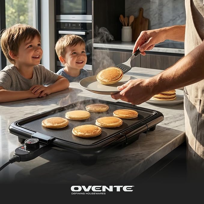 OVENTE Electric Griddle with 16 x 10 Inch Non-Stick Plate, Black GD1610B | Removable and Adjustable Temperature Control, Indoor Grill perfect for Instant Breakfast, Pancakes, Eggs or Burgers