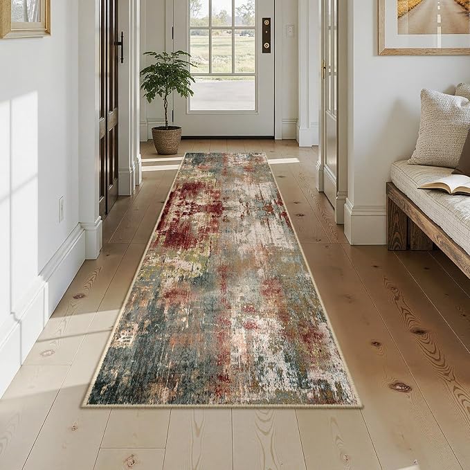 RELEANY Washable Runner 2'x9' Abstract Area Rug for Hallway Rustic Brown | carpet for kitchen, entryway, bathroom, living room, bedroom, printed pattern, non-slip, soft, stain-resistant, easy to clean