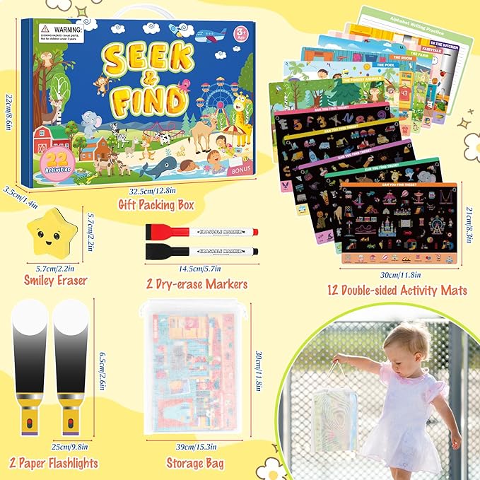 Seek and Find Books for Kids 4-6, Toddler Travel Toys, Preschool Learning Activities, Reusable Flashlight Activity Book for Car Airplane Road Trip, Educational Toys Birthday Gift for Kids